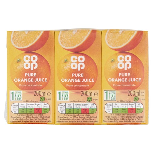 Picture of Co Op Pure Orange Juice 3 x 200ml