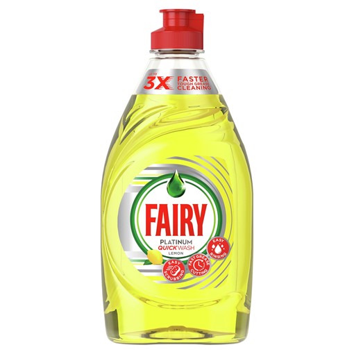 Picture of Fairy Platinum Quickwash Lemon Washing Up Liquid With Up To 3X Faster Tough Grease Cleaning 383ml