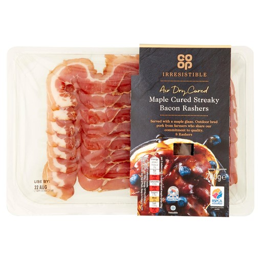 Picture of Co-op Irresistible Air Dry Cured 8 Maple Cured Streaky Bacon Rashers 200g