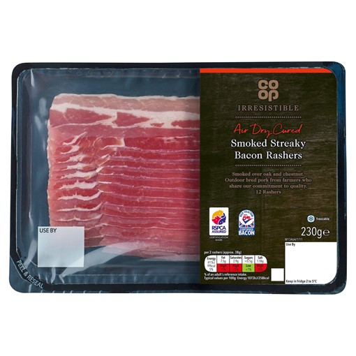 Picture of Co-op Irresistible 12 Air Dry Cured Smoked Streaky Bacon Rashers 230g