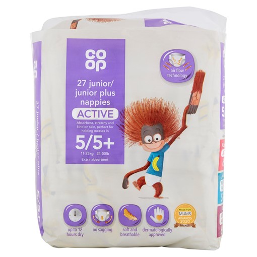 Picture of Co-op 27 Junior/Junior Plus Nappies Active Extra Absorbent 5/5+ 11-25kg 24-55lb