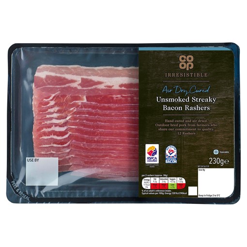Picture of Co-op Irresistible 12 Air Dry Cured Unsmoked Streaky Bacon Rashers 230g