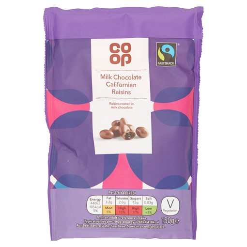 Picture of Co Op Fairtrade Milk Chocolate Californian Raisins 150g
