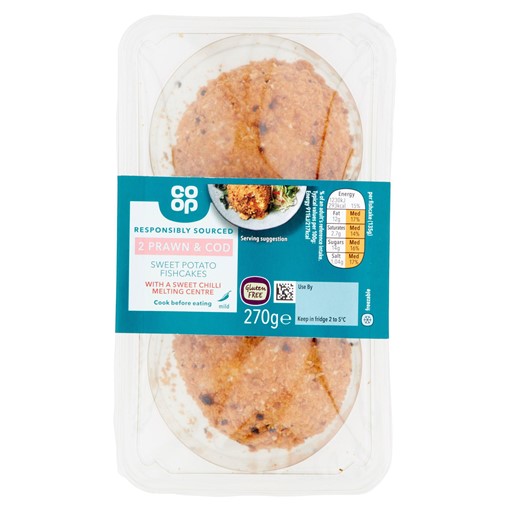 Picture of Co-op 2 Prawn & Cod Sweet Potato Fishcakes with a Sweet Chilli Melting Centre 270g