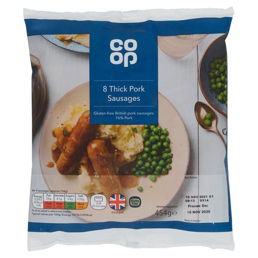 Picture of Co-op 8 Thick Pork Sausages 454g