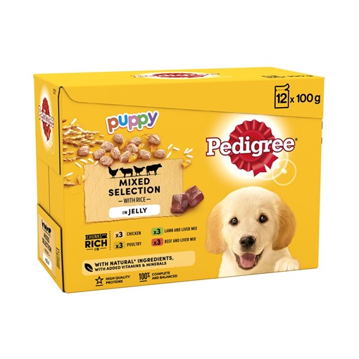 Pedigree Puppy Wet Dog Food Pouches Mixed Selection with Rice in Jelly 12 x 100g