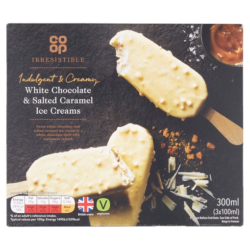 Picture of Co-op Irresistible Indulgent & Creamy White Chocolate & Salted Caramel Ice Creams 3 x 100ml (300ml)