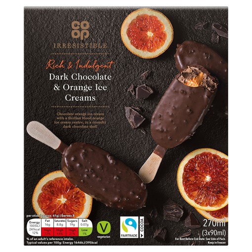 Picture of Co-op Irresistible Fairtrade Dark Chocolate & Orange Ice Creams 3 x 90ml (270ml)