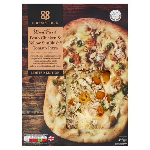 Picture of Co-op Irresistible Limited Edition Wood Fired Pesto Chicken & Yellow SunBlush Tomato Pizza 495g