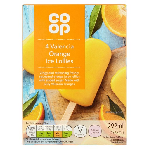 Picture of Co Op Valencia Orange Ice Lollies 4 x 73ml (292ml)