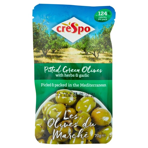 Picture of Crespo Pitted Green Olives with Herbs & Garlic 70g