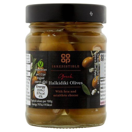Picture of Co-op Irresistible Greek Halkidiki Olives with Feta and Mizithra Cheese 230g