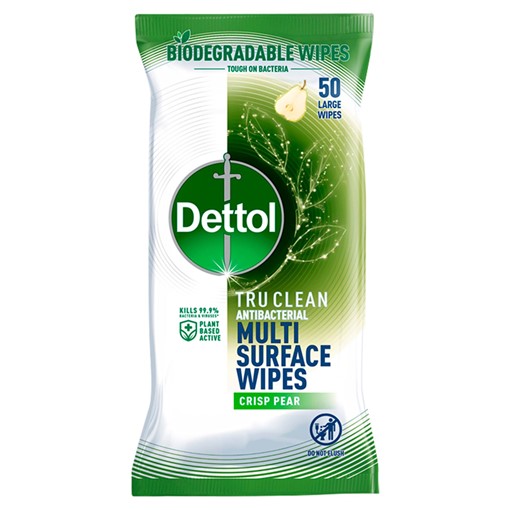 Picture of Dettol Tru Antibacterial Clean Multi Surface Wipes Crisp Pear 50 Large Wipes