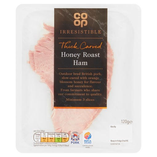 Picture of Co-op Irresistible Outdoor Bred Thick Cut Honey Roast Ham 3 Slices 120g