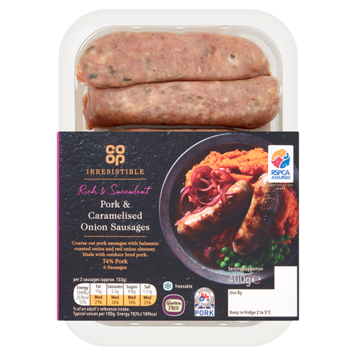 Picture of Co Op Irresistible Outdoor Bred 6 Pork & Caramelised Onion Sausages 400g