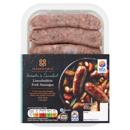 Picture of Co Op Irresistible Outdoor Bred 6 Lincolnshire Pork Sausages 400g