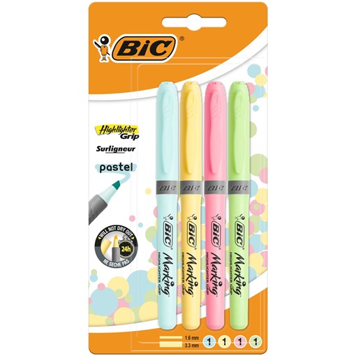 Picture of BIC Highlighter Grip Pastel Highlighter Pens Adjustable Chisel Tip - Assorted Colours, Pack of 4