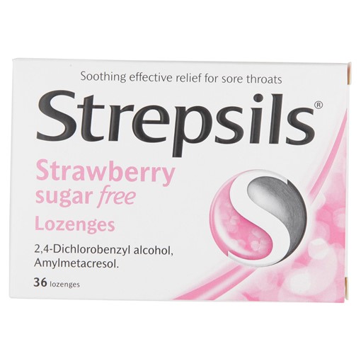 Picture of Strepsils Strawberry Sugar Free Lozenges x36, for Sore Throat