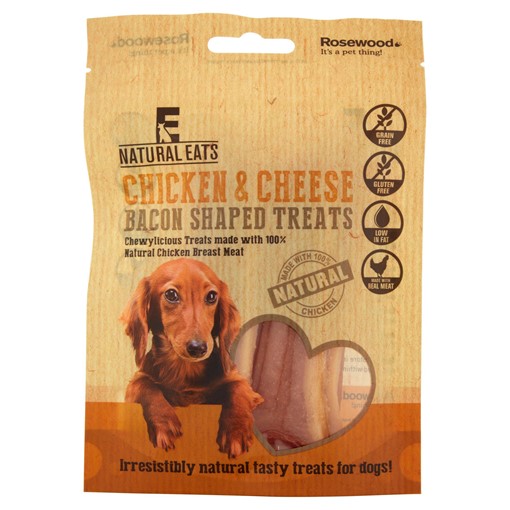 Picture of Rosewood Natural Eats Chicken & Cheese Bacon Shaped Treats 100g