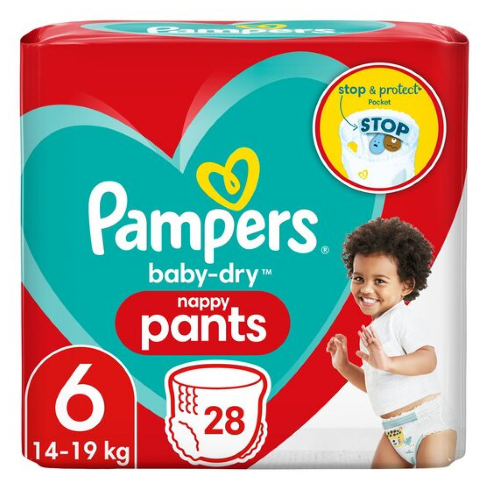 Pampers BabyDry Nappy Pants Size 6, 28 Nappies, 15kg+, Essential Pack